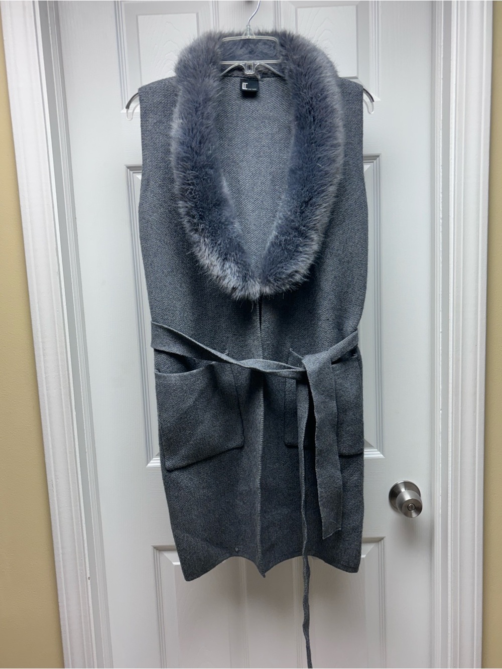 Love Token Gray Faux Fur Collar Sleeveless Cardigan Vest Belted Long